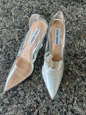Steve Madden Clear PVC and White Pointed Toe Heels
